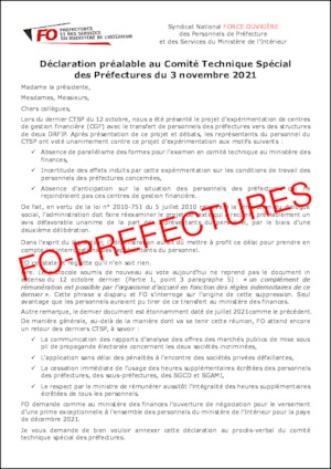 Déclaration préalable du comité technique spécial des préfectures du 3 novembre 2021