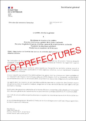 Organisation de l’activité des services du ministère de l’intérieur au regard de la situation sanitaire au 20 janvier 2021