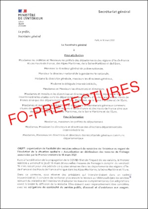 Instruction du secrétaire général du ministère de l’intérieur relative à l’organisation des services relevant du ministère de l’intérieur au regard de l’évolution de la situation sanitaire