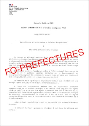 Circulaire de la ministre de la transformation et de la fonction publiques relative au télétravail du 26 mai 2021