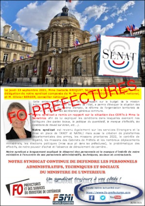 Rencontre avec la sénatrice Isabelle Briquet dans le cadre de son rapport sur le budget de la mission Administration Générale et Territoriale de l’État le 23 septembre 2021