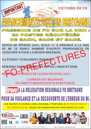 20 postes récupérés de SACN, SACS et SACE à l’avancement en région Bretagne