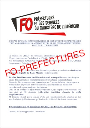 Compte rendu FO du CHSCT des juridictions administratives et déclaration préalable qui a permis d’alerter le comité sur la situation préoccupante du greffe du TA de Mayotte