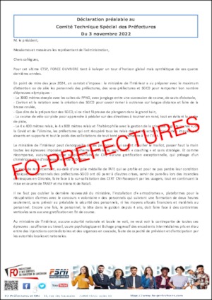 Déclaration préalable au CTSP du 3 novembre 2022 et tract sur l’ordre du jour de ce comité spécial des préfectures