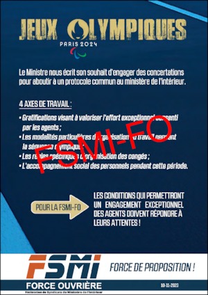 Tract de la FSMI FO et courrier du ministre de l’intérieur adressé au secrétaire général de la FSMI FO sur l’organisation des JO 2024